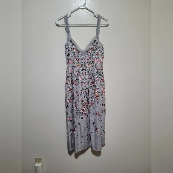 Needle & Thread Gray Midi Dress with Pink Floral Embroidery Size 2 Women